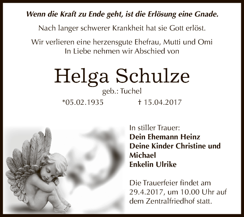  Traueranzeige für Helga Schulze vom 22.04.2017 aus WVG - Wochenspiegel Dessau / Köthen