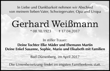 Traueranzeige von Gerhard Weißmann von Mitteldeutsche Zeitung Merseburg/Querfurt