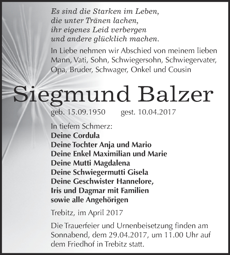  Traueranzeige für Siegmund Balzer vom 22.04.2017 aus WVG - Wochenspiegel Wittenberg
