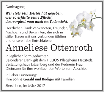 Traueranzeige von Anneliese Ottenroth von Super Sonntag SGH Mansf. Land