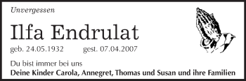 Traueranzeige von Ilfa Endrulat von Super Sonntag Quedlinburg