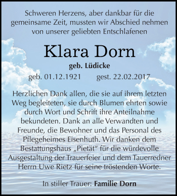 Traueranzeige von Klara Dorn von WVG - Wochenspiegel Dessau / Köthen