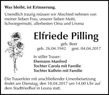 Traueranzeige von Elfriede Pilling von Mitteldeutsche Zeitung Merseburg/Querfurt