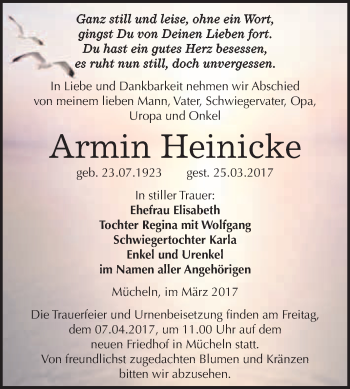 Traueranzeige von Armin Heinicke von Super Sonntag Halle