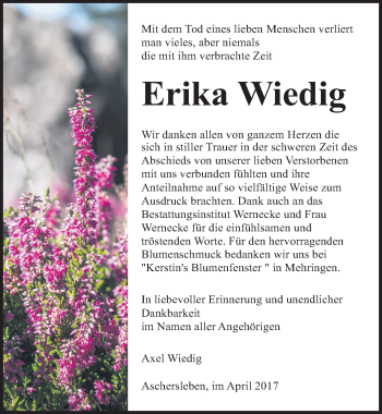 Traueranzeige von Erika Wiedig von Mitteldeutsche Zeitung Aschersleben