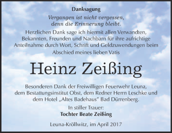 Traueranzeige von Heinz Zeißing von Super Sonntag Merseburg