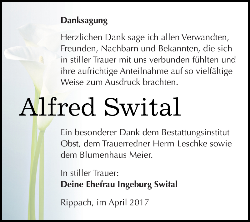  Traueranzeige für Alfred Swital vom 26.04.2017 aus Super Sonntag Merseburg