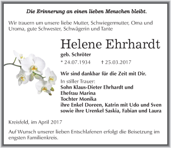 Traueranzeige von Helene Ehrhardt von Mitteldeutsche Zeitung Mansfelder Land