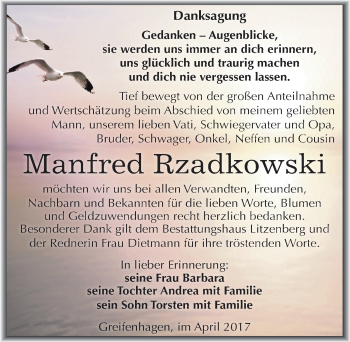 Traueranzeige von Manfred Rzadkowski von Mitteldeutsche Zeitung Mansfelder Land