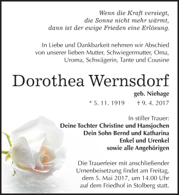 Traueranzeige von Dorothea Wernsdorf von Mitteldeutsche Zeitung Sangerhausen