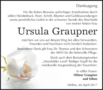 Traueranzeige von Ursula Graupner von Mitteldeutsche Zeitung Mansfelder Land