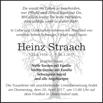 Traueranzeige von Heinz Straach von Super Sonntag Wittenberg