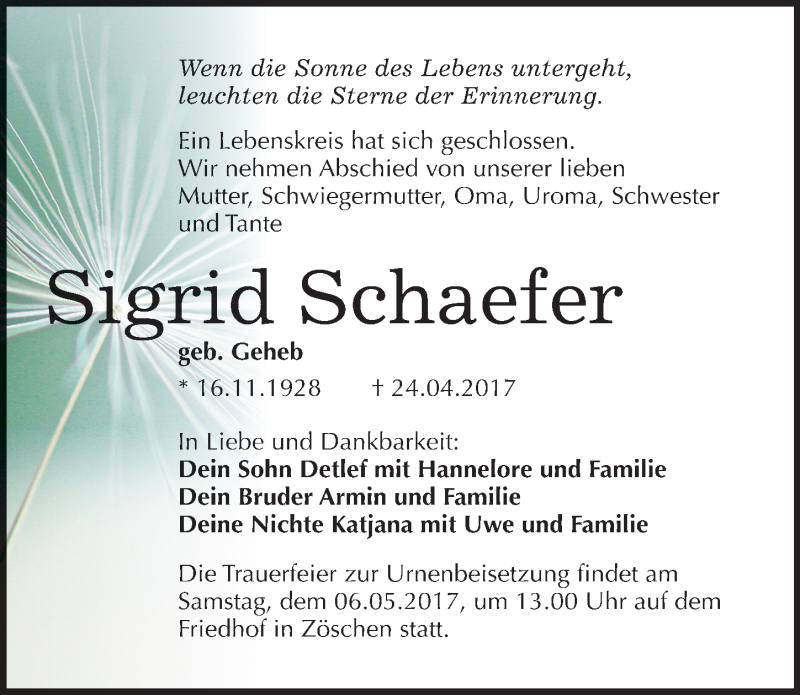  Traueranzeige für Sigrid Schaefer vom 29.04.2017 aus Mitteldeutsche Zeitung Merseburg/Querfurt