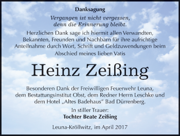 Traueranzeige von Heinz Zeißing von Mitteldeutsche Zeitung Merseburg/Querfurt