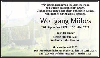 Traueranzeige von Wolfgang Möbes von Super Sonntag Quedlinburg