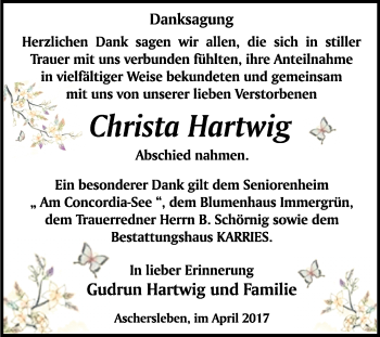 Traueranzeige von Christa Hartwig von Super Sonntag SGH Mansf. Land
