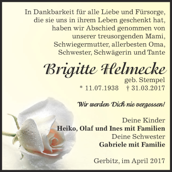 Traueranzeige von Brigitte Helmecke von Super Sonntag Bernburg