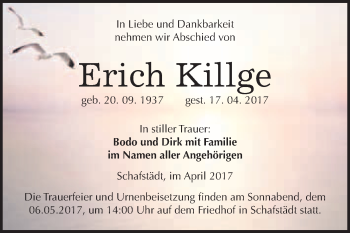 Traueranzeige von Erich Killge von WVG - Wochenspiegel Merseburg