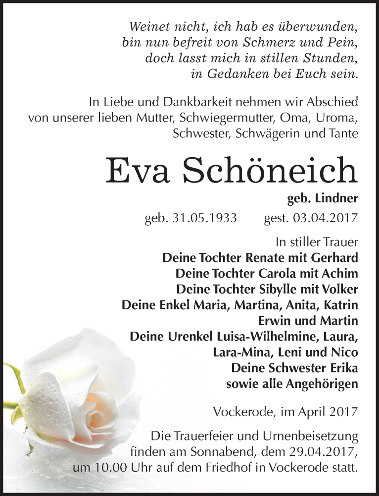  Traueranzeige für Eva Schöneich vom 15.04.2017 aus Mitteldeutsche Zeitung Wittenberg