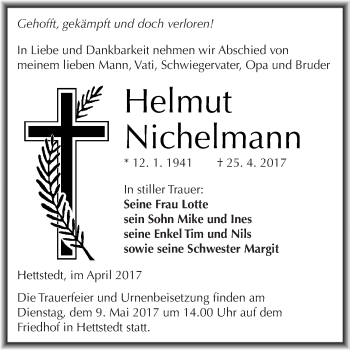 Traueranzeige von Helmut Nichelmann von Super Sonntag SGH Mansf. Land