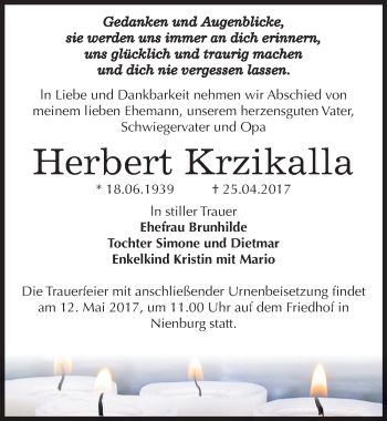 Traueranzeige von Herbert Krzikalla von Mitteldeutsche Zeitung Bernburg