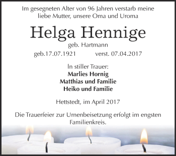 Traueranzeige von Helga Hennige von Super Sonntag SGH Mansf. Land