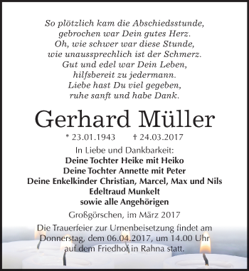 Traueranzeige von Gerhard Müller von Mitteldeutsche Zeitung Weißenfels