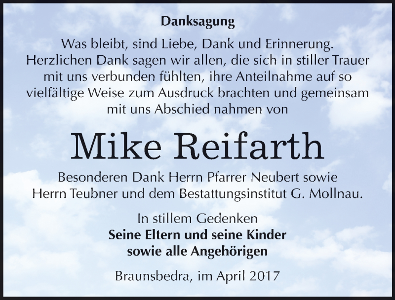  Traueranzeige für Mike Reifarth vom 29.04.2017 aus Mitteldeutsche Zeitung Merseburg/Querfurt