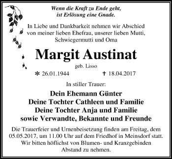 Traueranzeige von Margit Austinat von Mitteldeutsche Zeitung Dessau-Roßlau