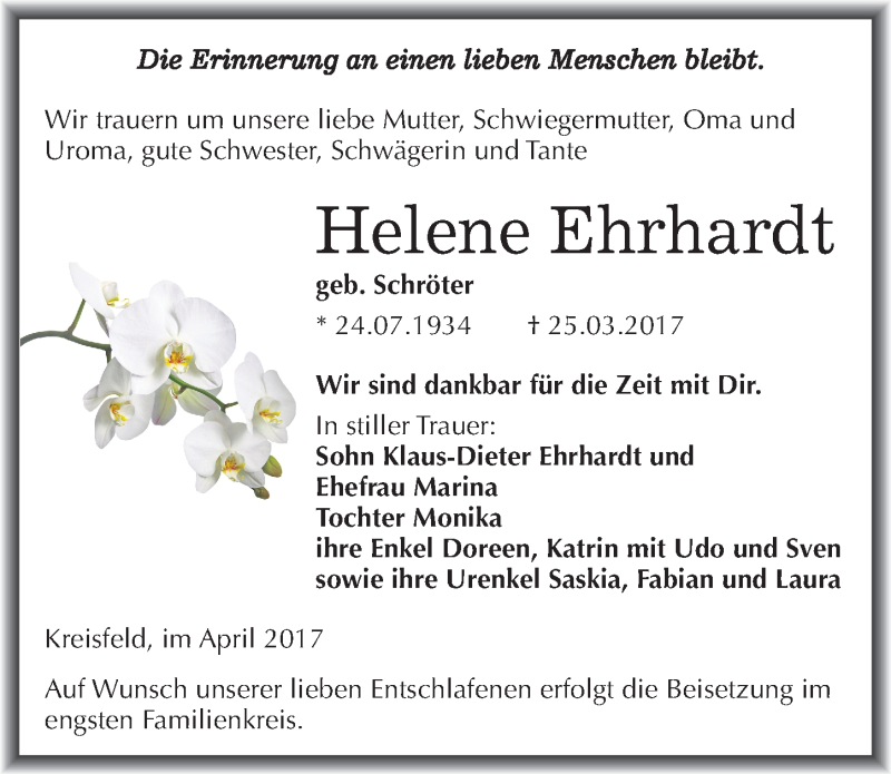  Traueranzeige für Helene Ehrhardt vom 01.04.2017 aus Mitteldeutsche Zeitung Mansfelder Land