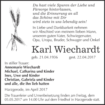 Traueranzeige von Karl Wiechardt von Super Sonntag Quedlinburg