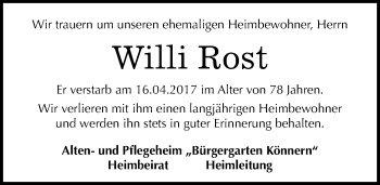 Traueranzeige von Willi Rost von Mitteldeutsche Zeitung Halle/Saalkreis