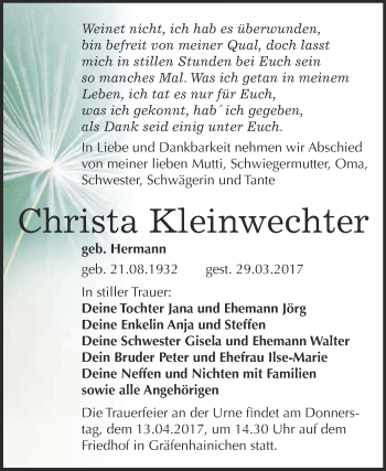 Traueranzeige von Christa Kleinwechter von Super Sonntag Wittenberg