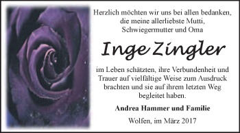 Traueranzeige von Inge Zingler von WVG - Wochenspiegel Bitterfeld