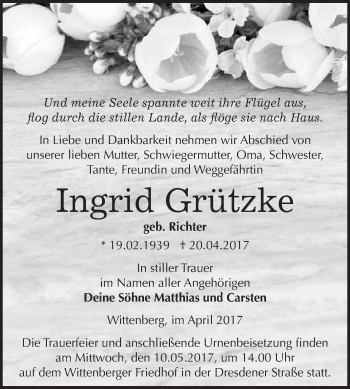 Traueranzeige von Ingrid Grützke von WVG - Wochenspiegel Wittenberg