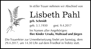 Traueranzeige von Lisbeth Pahl von Mitteldeutsche Zeitung Halle/Saalkreis