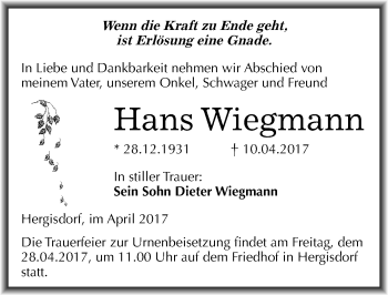 Traueranzeige von Hans Wiegmann von Mitteldeutsche Zeitung Mansfelder Land