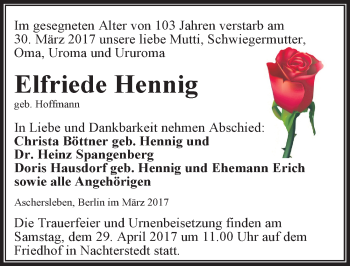Traueranzeige von Elfriede Hennig von Mitteldeutsche Zeitung Aschersleben