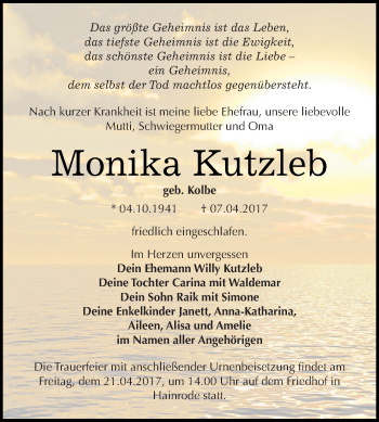Traueranzeige von Monika Kutzleb von Super Sonntag SGH Mansf. Land