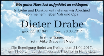 Traueranzeige von Dieter Drabe von Mitteldeutsche Zeitung Merseburg/Querfurt