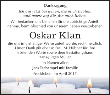 Traueranzeige von Oskar Klan von Mitteldeutsche Zeitung Aschersleben