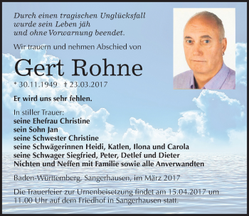 Traueranzeige von Gert Rohne von Mitteldeutsche Zeitung Sangerhausen