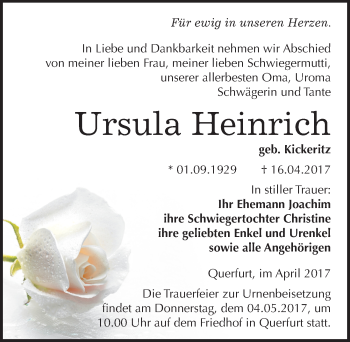 Traueranzeige von Ursula Heinrich von Mitteldeutsche Zeitung Merseburg/Querfurt