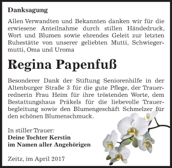 Traueranzeige von Regina Papenfuß von Mitteldeutsche Zeitung Zeitz