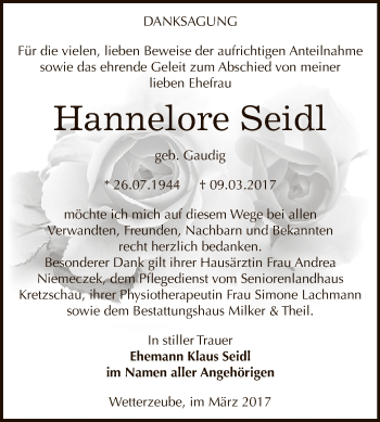 Traueranzeige von Hannelore Seidl von Super Sonntag Zeitz