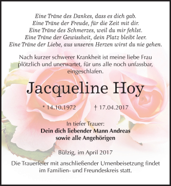 Traueranzeige von Jacqueline Hoy von Mitteldeutsche Zeitung Wittenberg