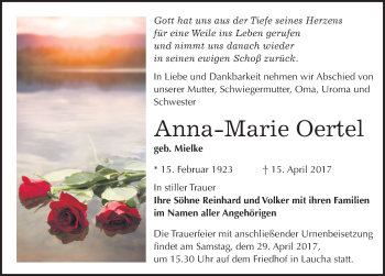 Traueranzeige von Anna-Marie Oertel von Mitteldeutsche Zeitung Naumburg/Nebra