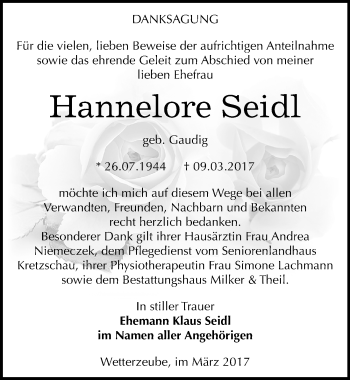 Traueranzeige von Hannelore Seidl von Mitteldeutsche Zeitung