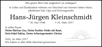 Traueranzeige von Hans-Jürgen Kleinschmidt von Mitteldeutsche Zeitung Zeitz