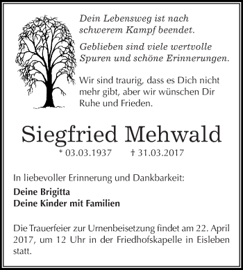 Traueranzeige von Siegfried Mehwald von Wochenspiegel Mansfelder Land